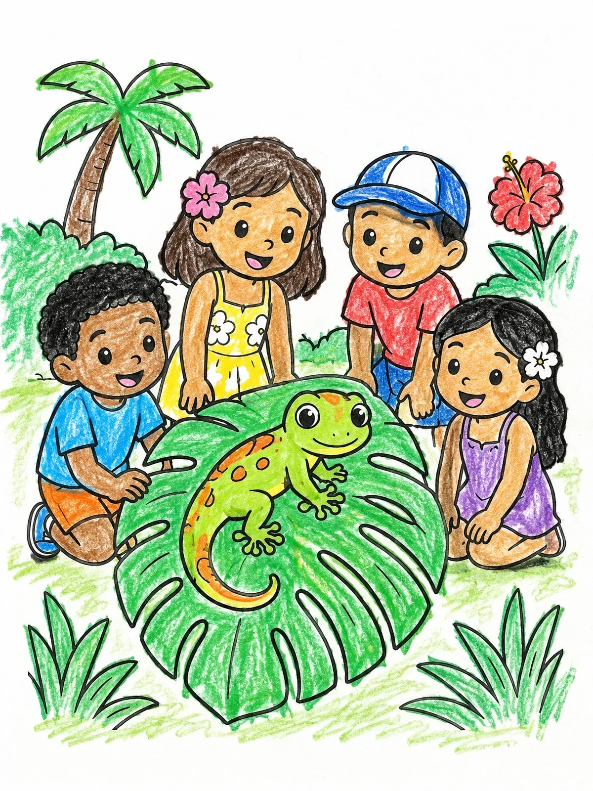 Colored example of the Children Admiring A Gecko On A Leaf coloring page