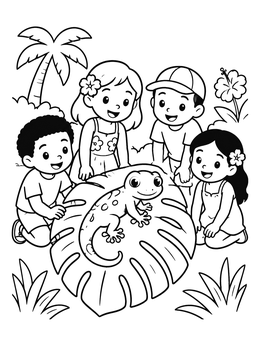 Free printable Children Admiring A Gecko On A Leaf coloring page