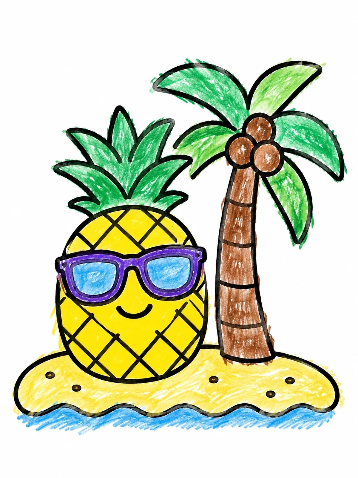 Colored example of the Cool Pineapple By The Palm Tree coloring page