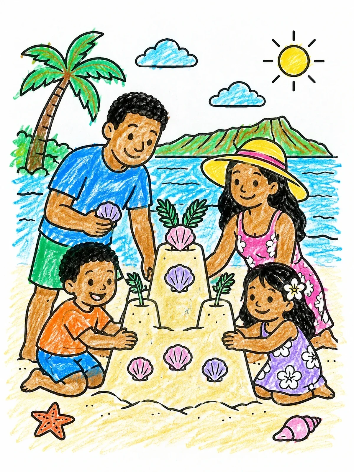 Colored example of the Family Building A Beach Sandcastle coloring page