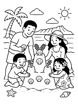 Free printable Family Building A Beach Sandcastle coloring page