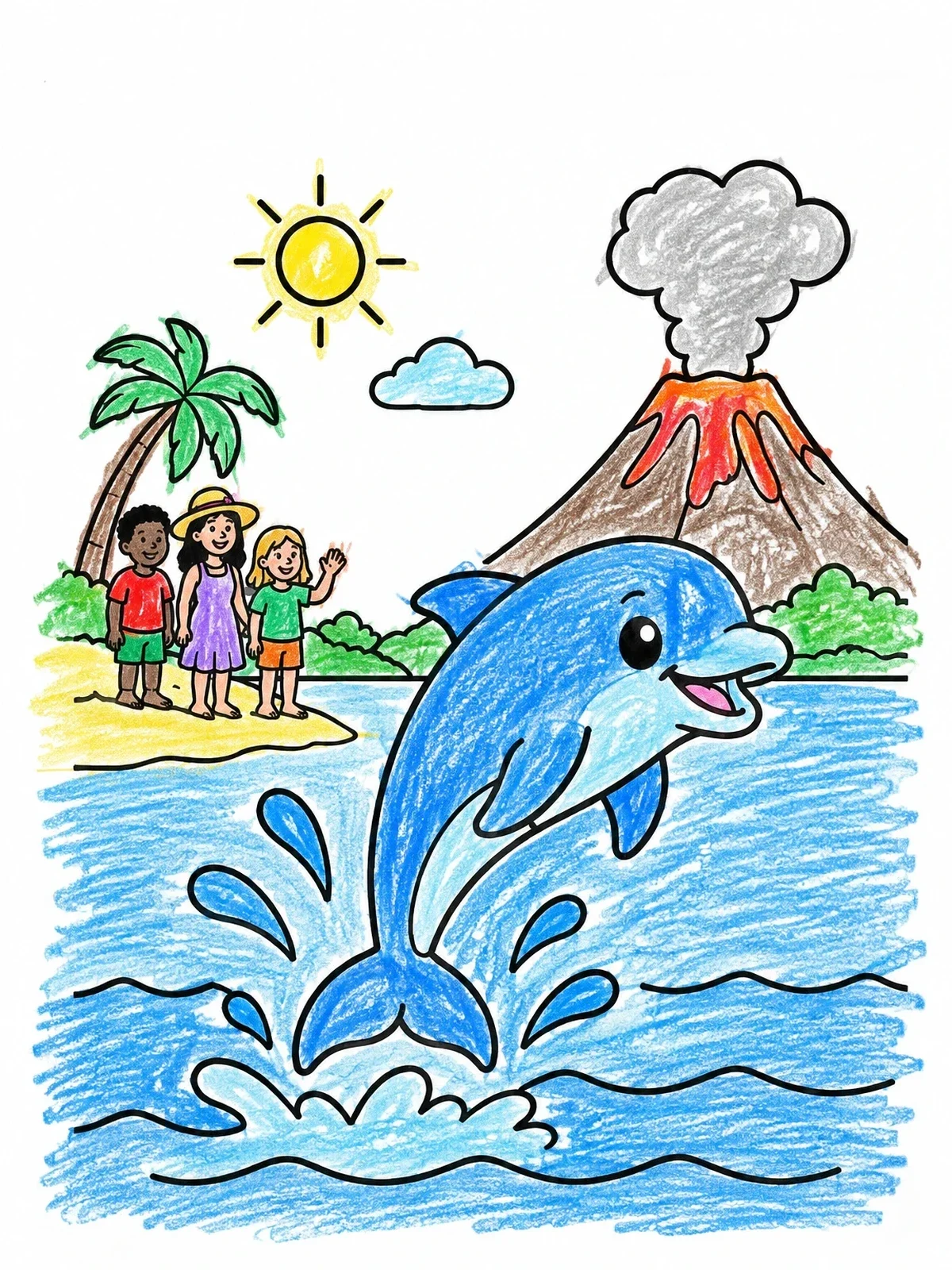 Colored example of the Playful Dolphin And Tropical Volcano coloring page