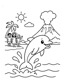 Free printable Playful Dolphin And Tropical Volcano coloring page