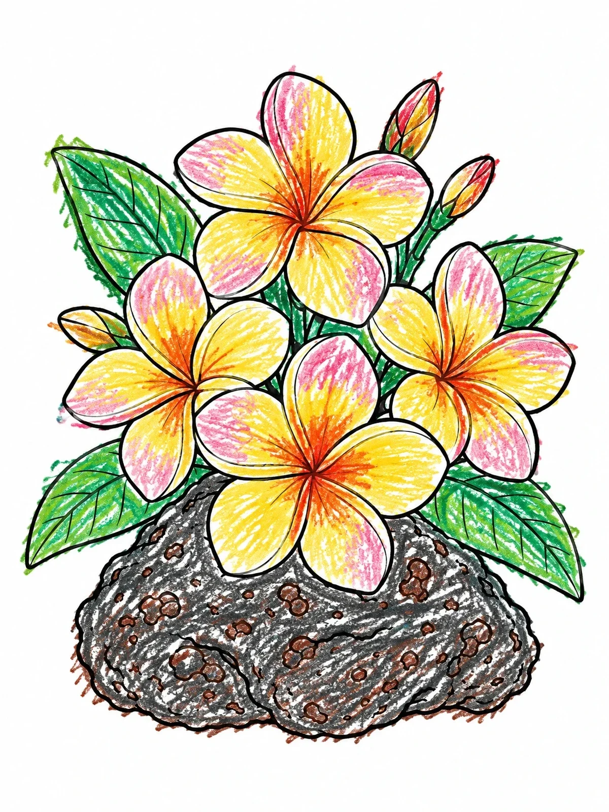 Colored example of the Plumeria Flowers On Lava Rock coloring page