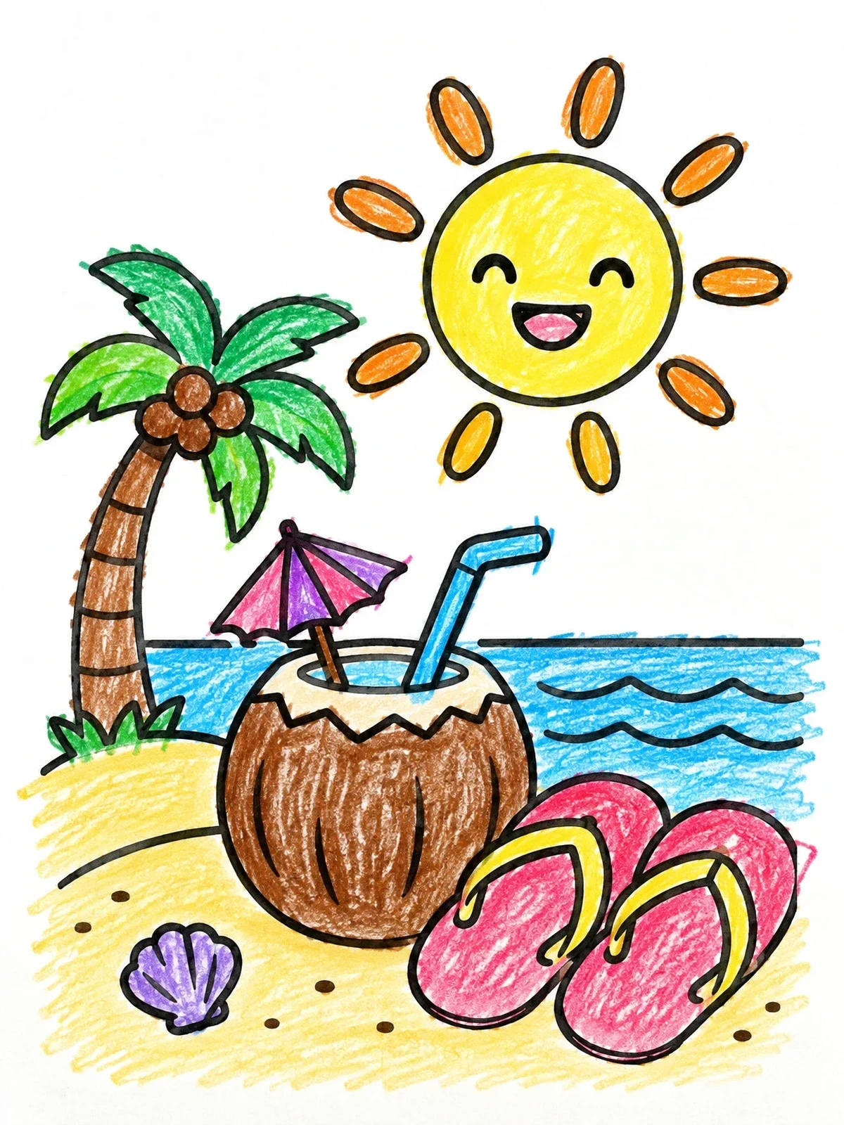 Colored example of the Sunny Tropical Beach With Coconut Drink coloring page