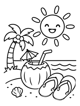 Free printable Sunny Tropical Beach With Coconut Drink coloring page