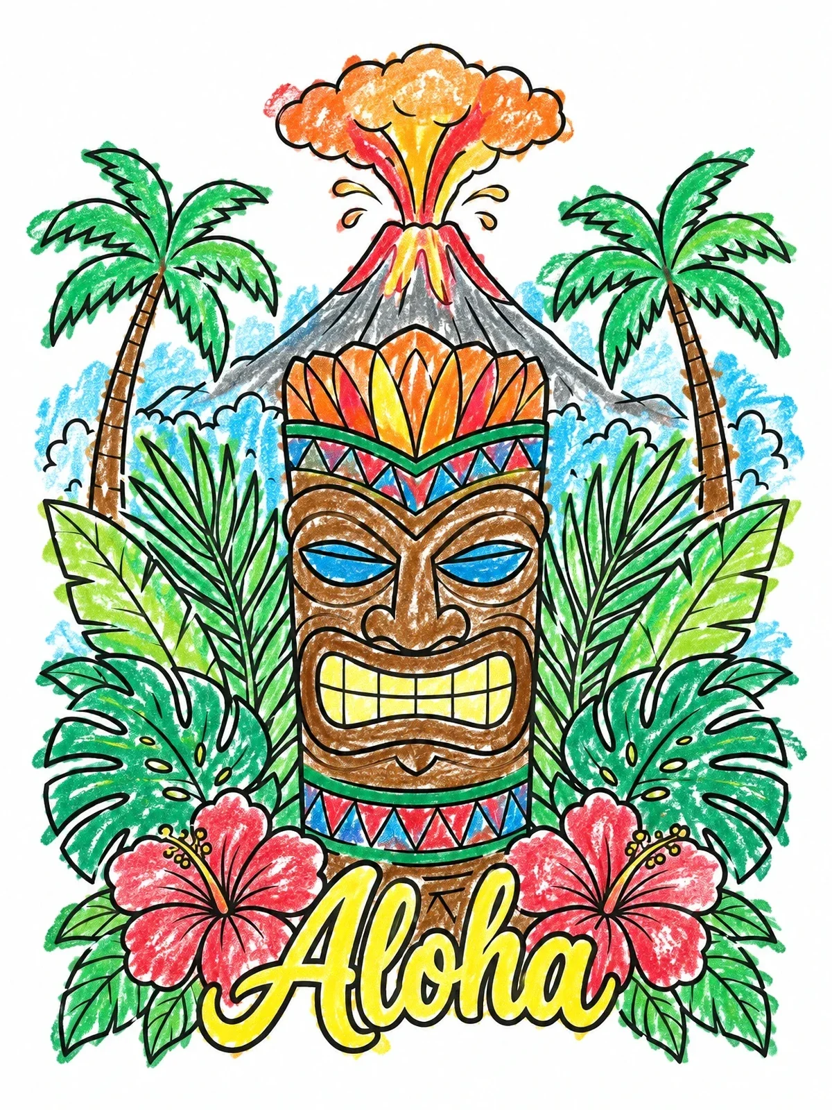 Colored example of the Tropical Tiki Mask With Volcano coloring page