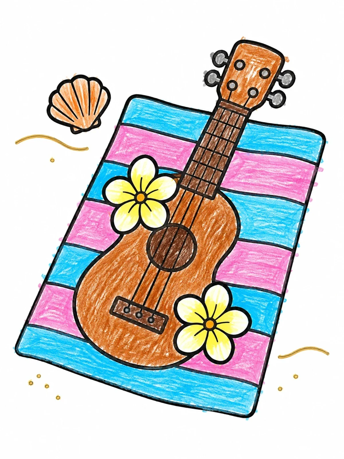 Colored example of the Ukulele On A Beach Towel coloring page