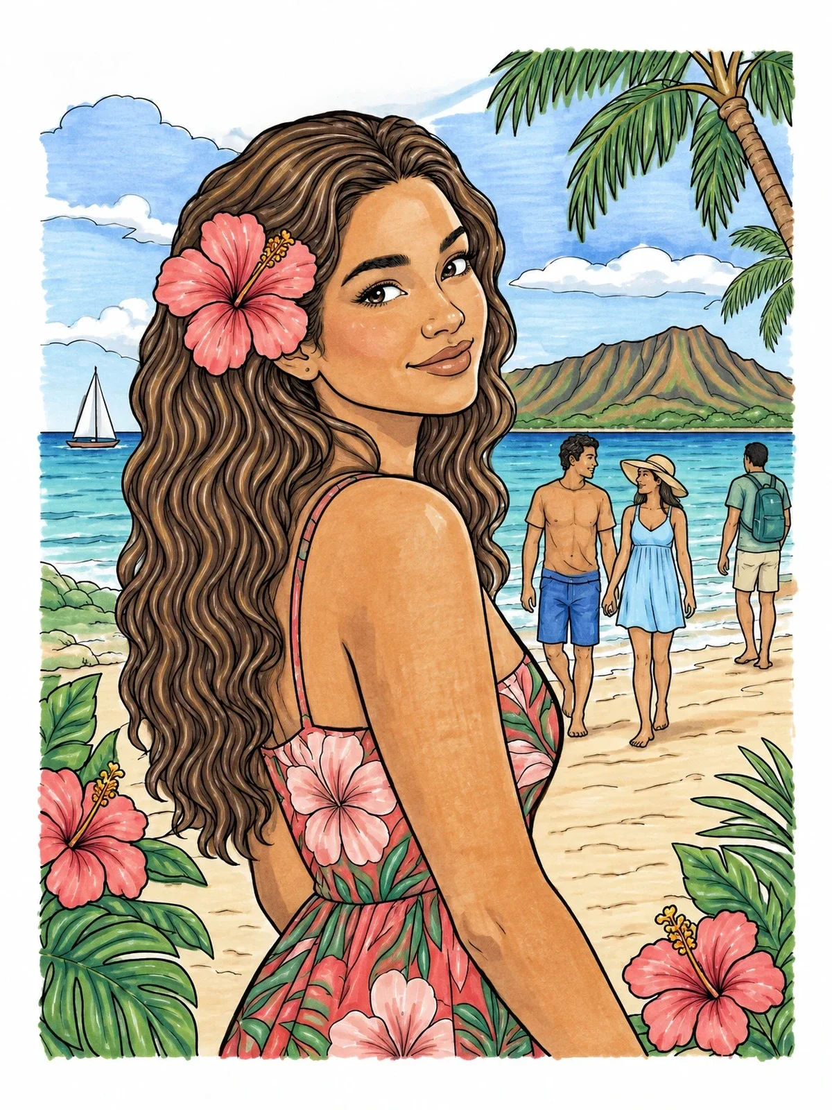 Colored example of the Young Woman On Waikiki Beach coloring page