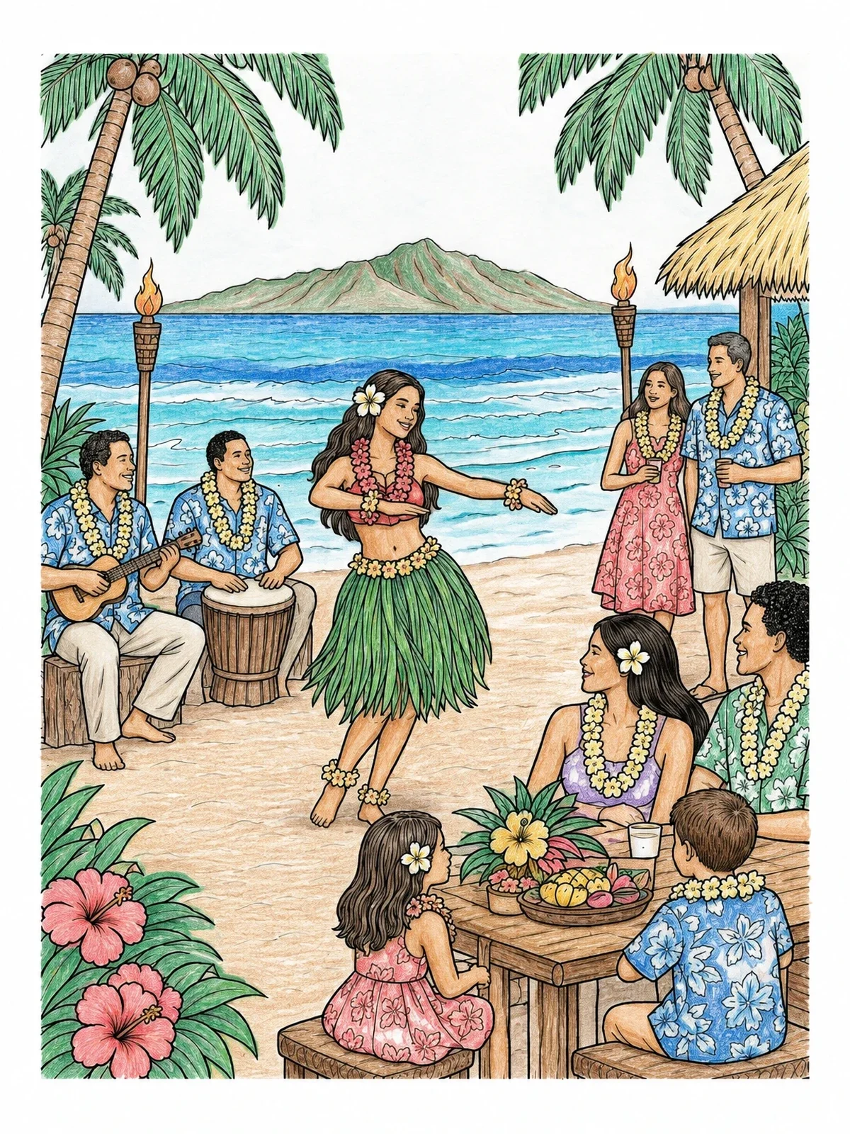 Colored example of the Hawaiian Beach Luau Celebration coloring page