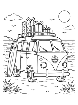 A vintage camper on the beach in this hawaiian christmas coloring page.
