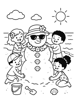 Free printable Children Building A Sand Snowman coloring page
