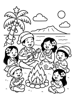 Free printable Family Singing Around Beach Bonfire coloring page