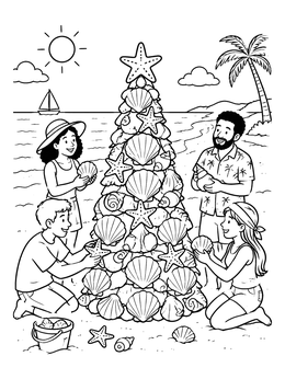 Free printable Family Building A Seashell Christmas Tree coloring page