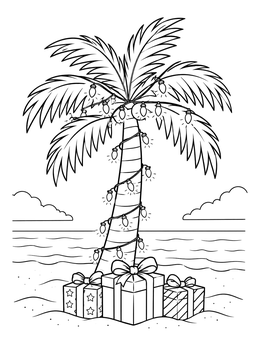 A decorated hawaiian christmas coloring page featuring a palm tree with fairy lights and gifts on a sunny beach.