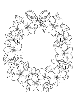 A festive hawaiian christmas coloring page of a plumeria flower wreath with jingle bells.