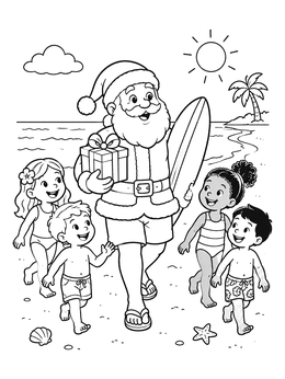 Free printable Santa At The Beach With Children coloring page