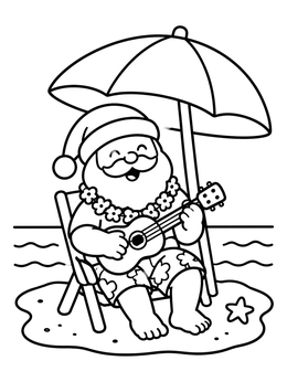 Free printable Santa Playing Ukulele On The Beach coloring page