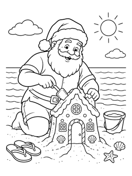 Santa Claus sculpts a gingerbread sandcastle on this hawaiian christmas coloring page.