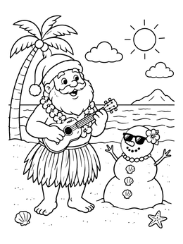 Free printable Santa Playing Ukulele On Tropical Beach coloring page