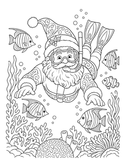 Santa swims underwater with fish on this hawaiian christmas coloring page.