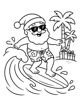 Free printable Surfing Santa At Tropical Beach coloring page