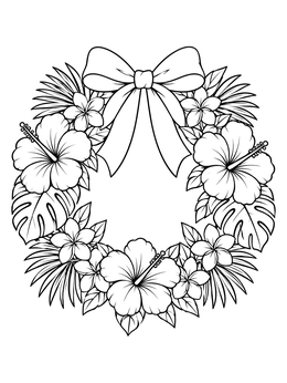 A festive hawaiian christmas coloring page with hibiscus flowers and a big bow.