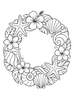 A festive hawaiian christmas coloring page featuring a circular wreath of seashells, starfish, and tropical flowers.