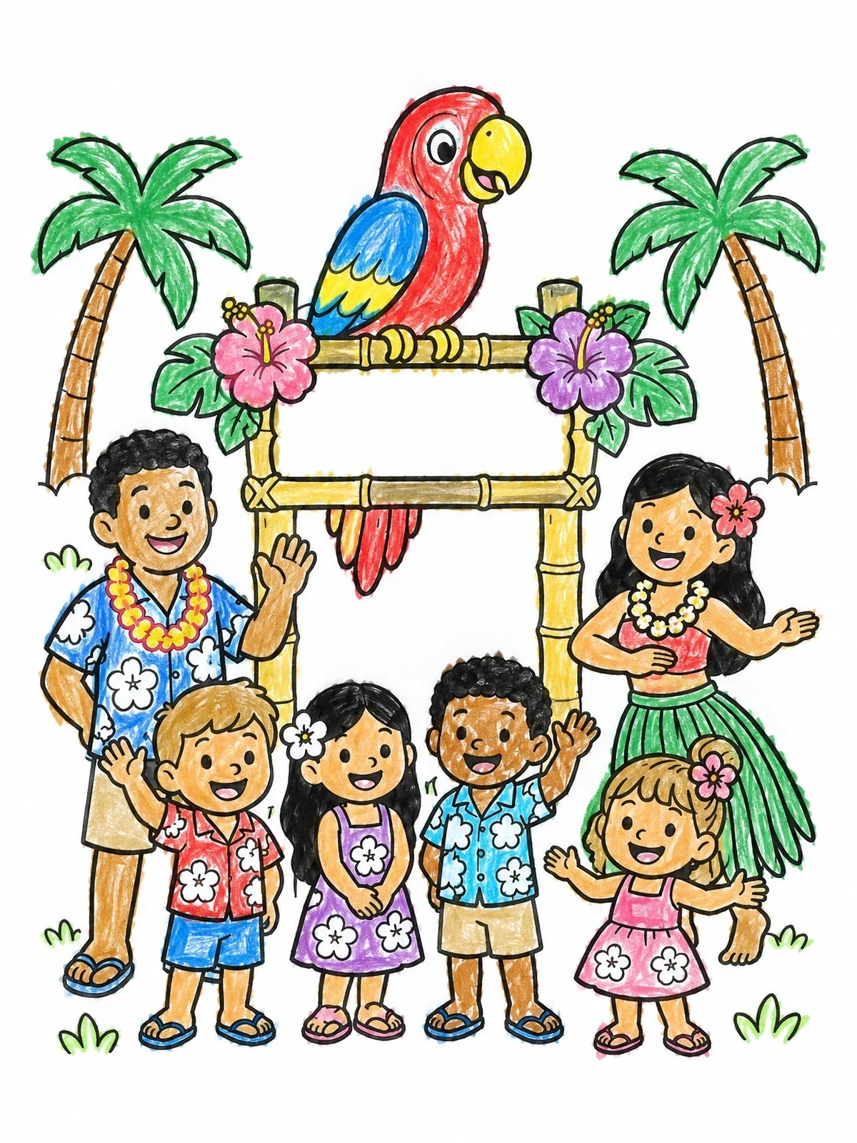 Colored example of the Hawaiian Family And Friendly Parrot coloring page