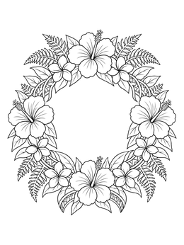 Free printable Hawaiian Floral Wreath With Hibiscus coloring page