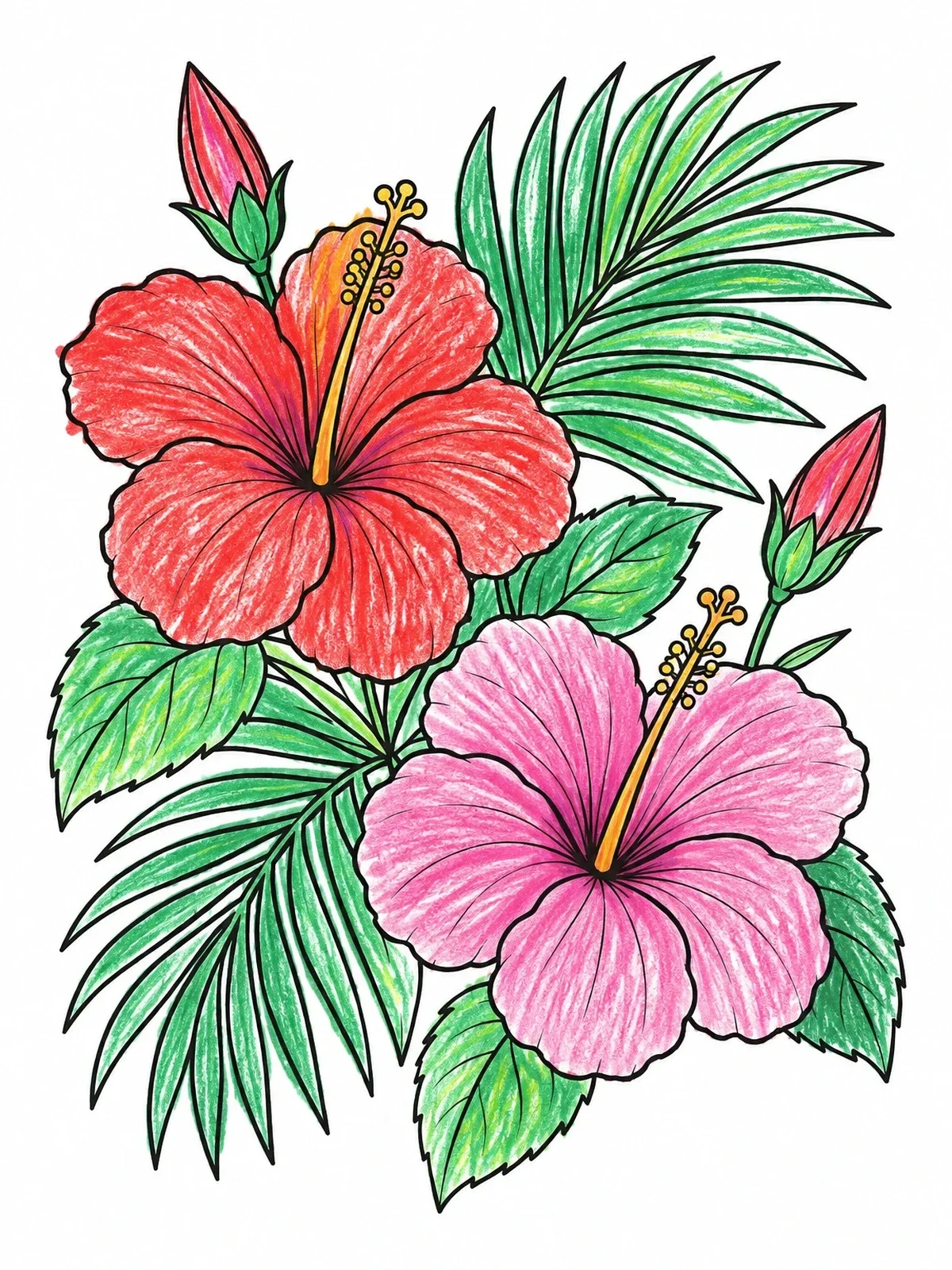 Colored example of the Blooming Hibiscus And Palm Leaves coloring page