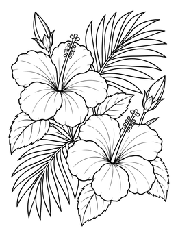 Two tropical blooms feature in this hawaiian flowers coloring page with palm fronds.
