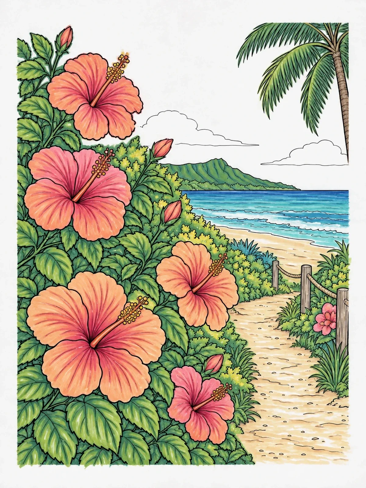 Colored example of the Blooming Hibiscus Along A Coastal Beach Trail coloring page