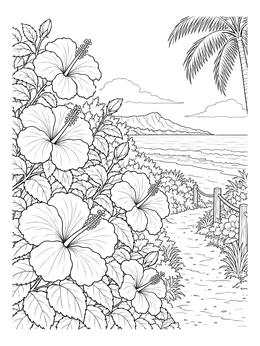 A hawaiian flowers coloring page showing blooming hibiscus along a scenic beach path and ocean view.