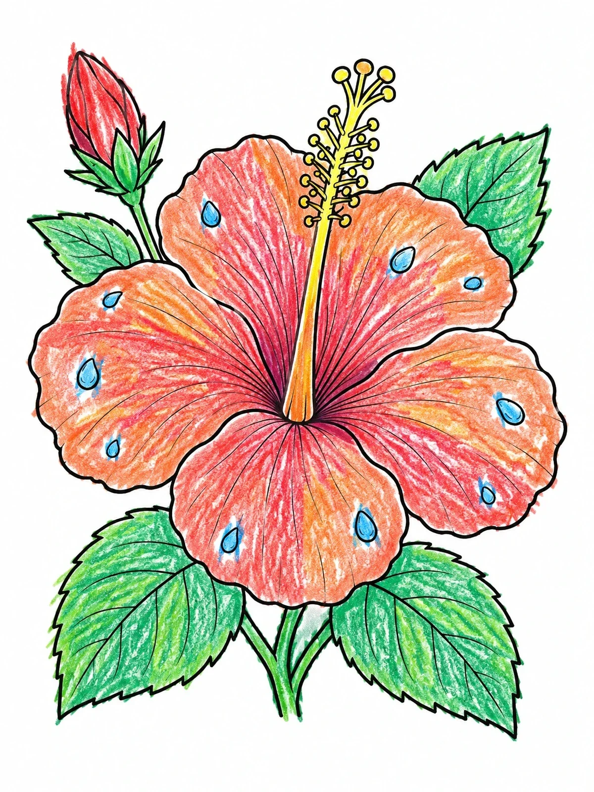 Colored example of the Blooming Hibiscus With Dewdrops coloring page