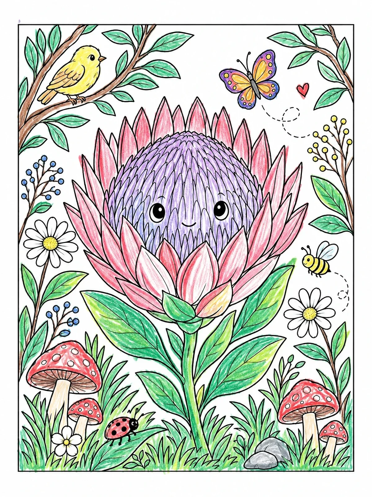 Colored example of the Cute King Protea Flower In Garden coloring page