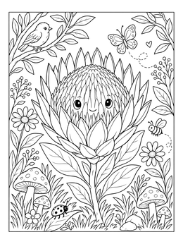 A smiling bloom stars in this hawaiian flowers coloring page with a bird and butterfly.