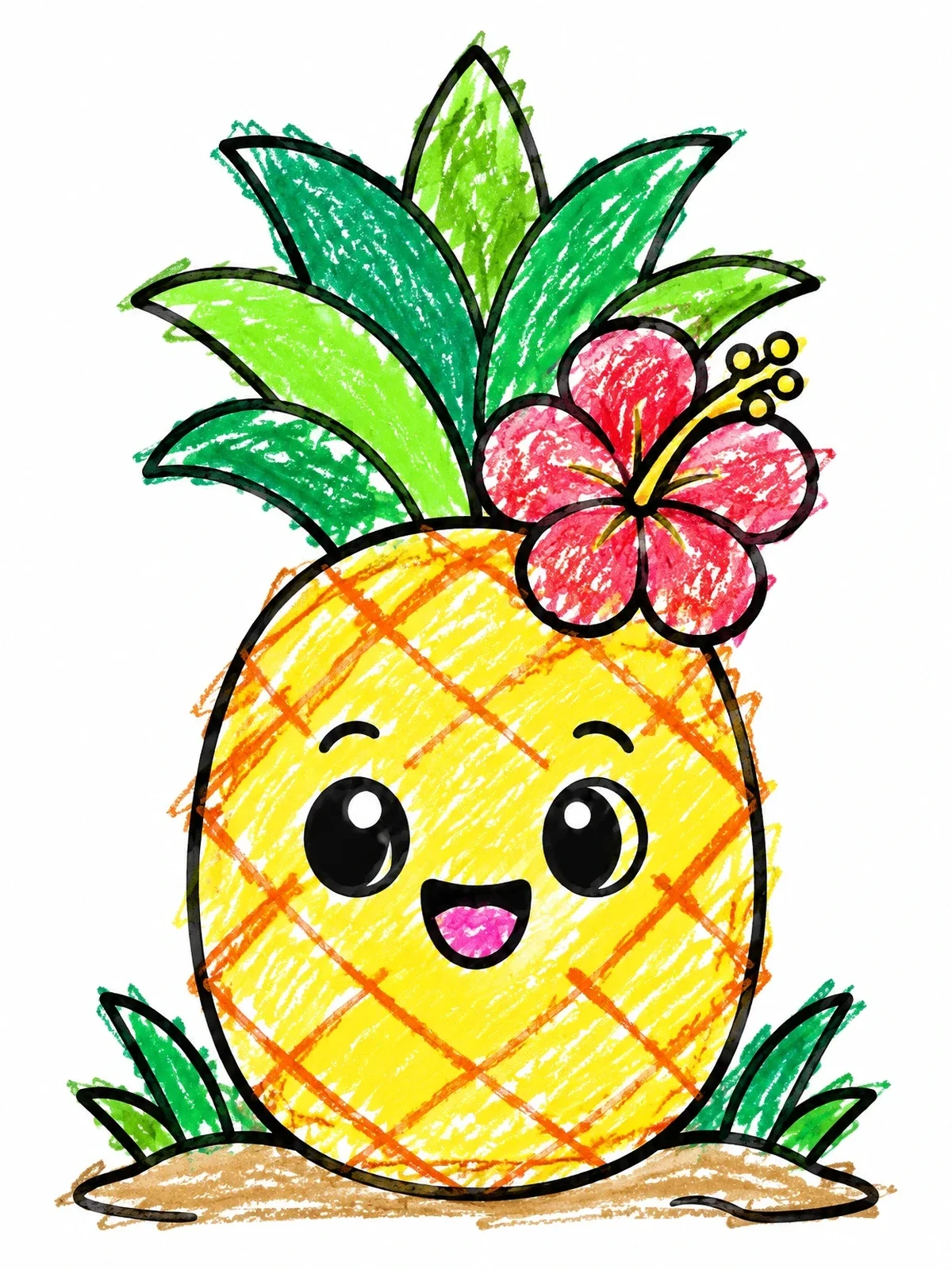 Colored example of the Cute Pineapple With Tropical Flower coloring page