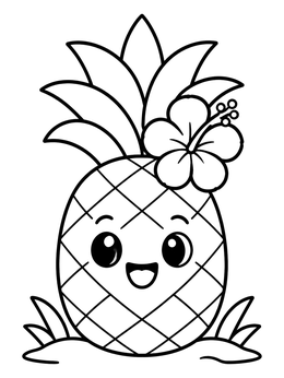 A cute cartoon pineapple wears a blossom in this hawaiian flowers coloring page.