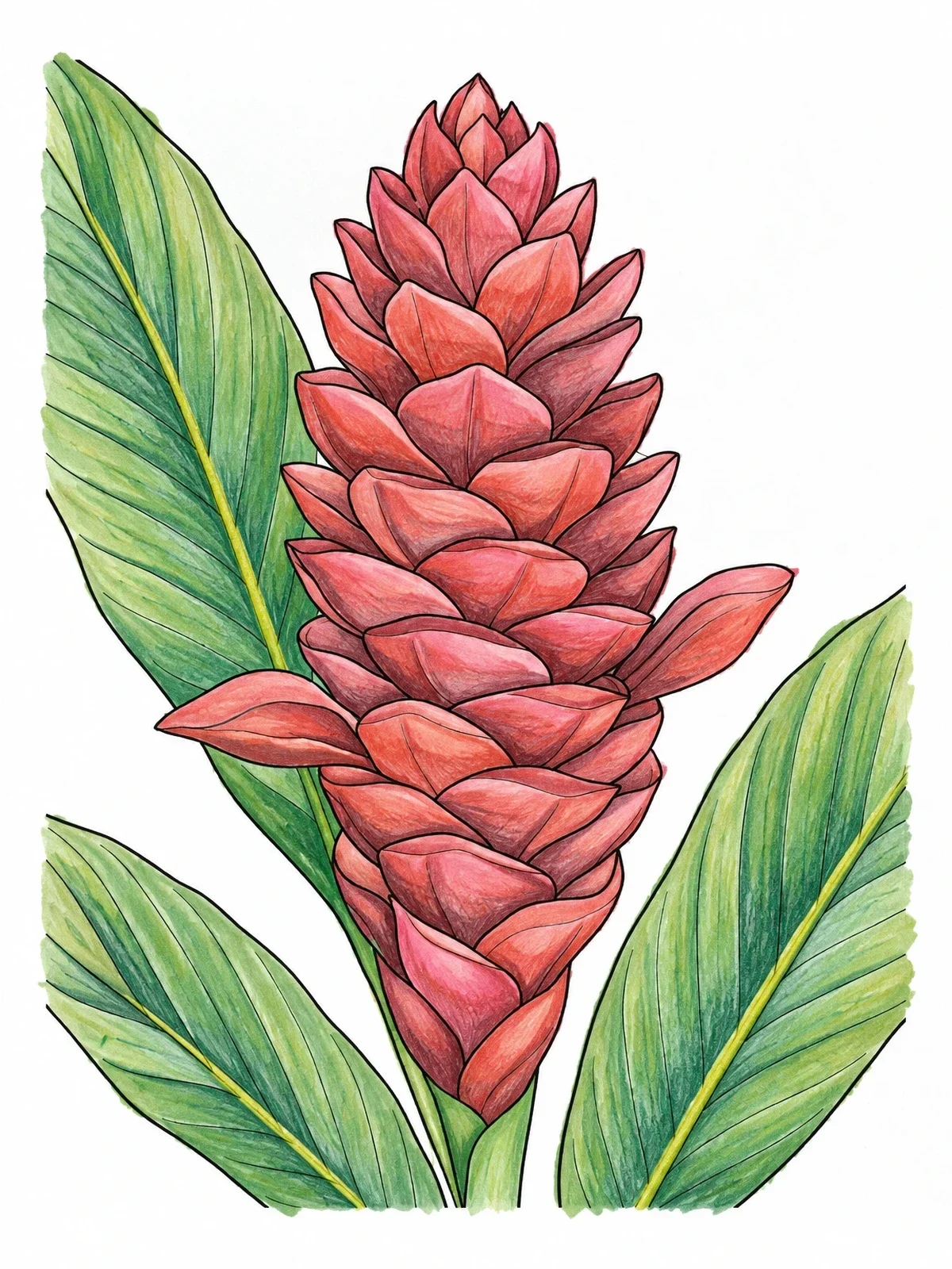 Colored example of the Detailed Red Ginger Flower Bloom coloring page