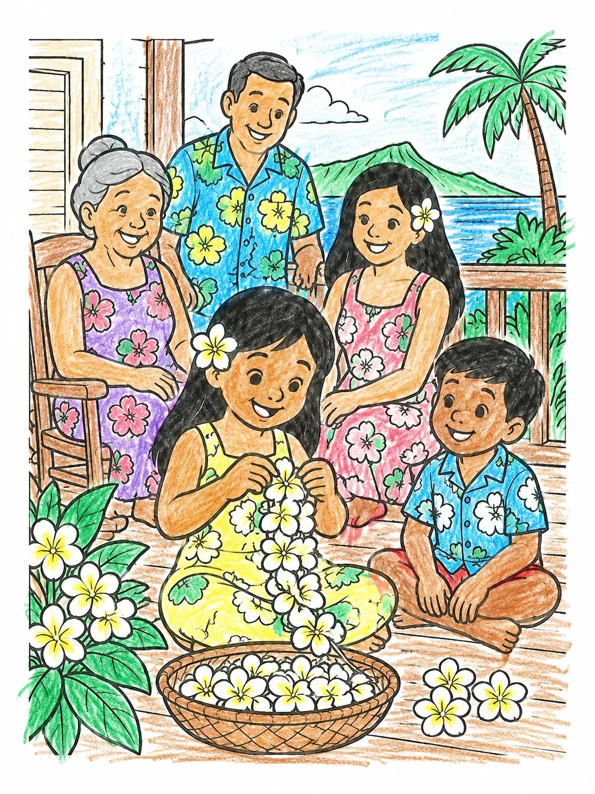 Colored example of the Family Making Plumeria Leis On Porch coloring page