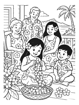 A smiling family gathers outside on this hawaiian flowers coloring page as a girl weaves a plumeria lei.