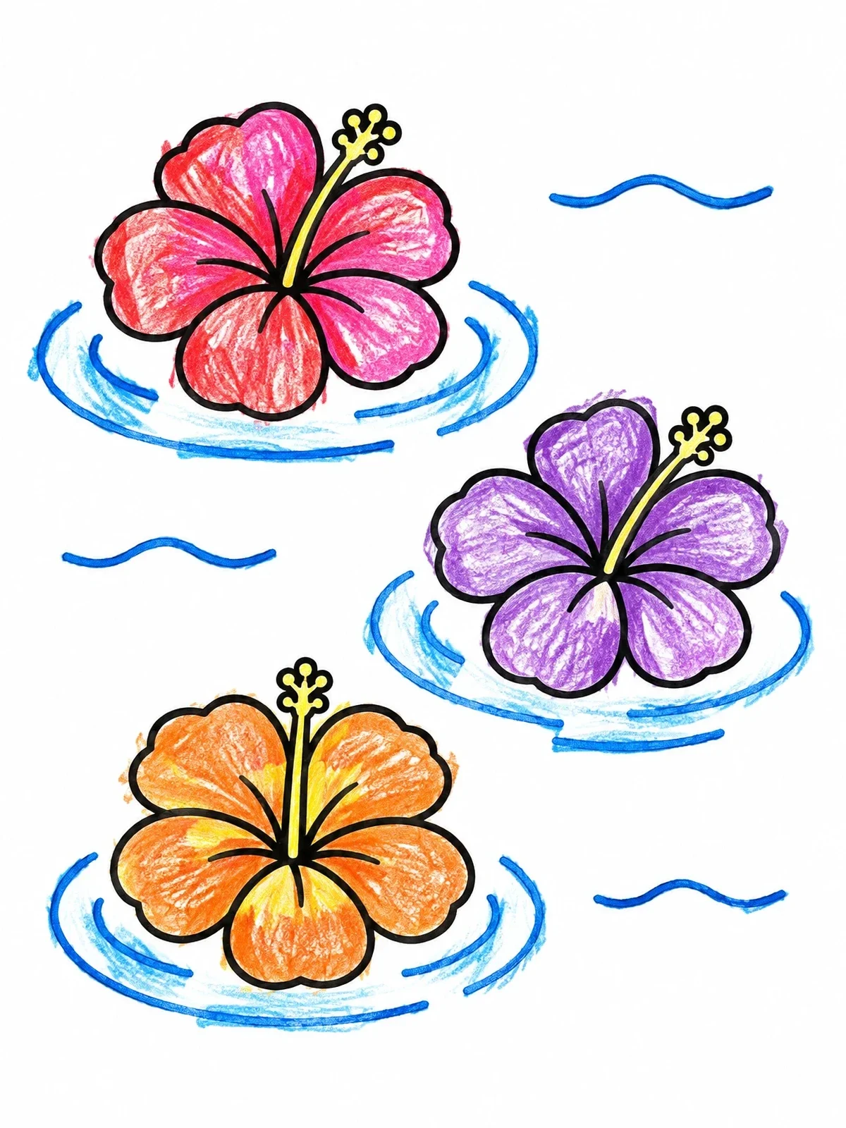 Colored example of the Floating Tropical Hibiscus Flowers coloring page
