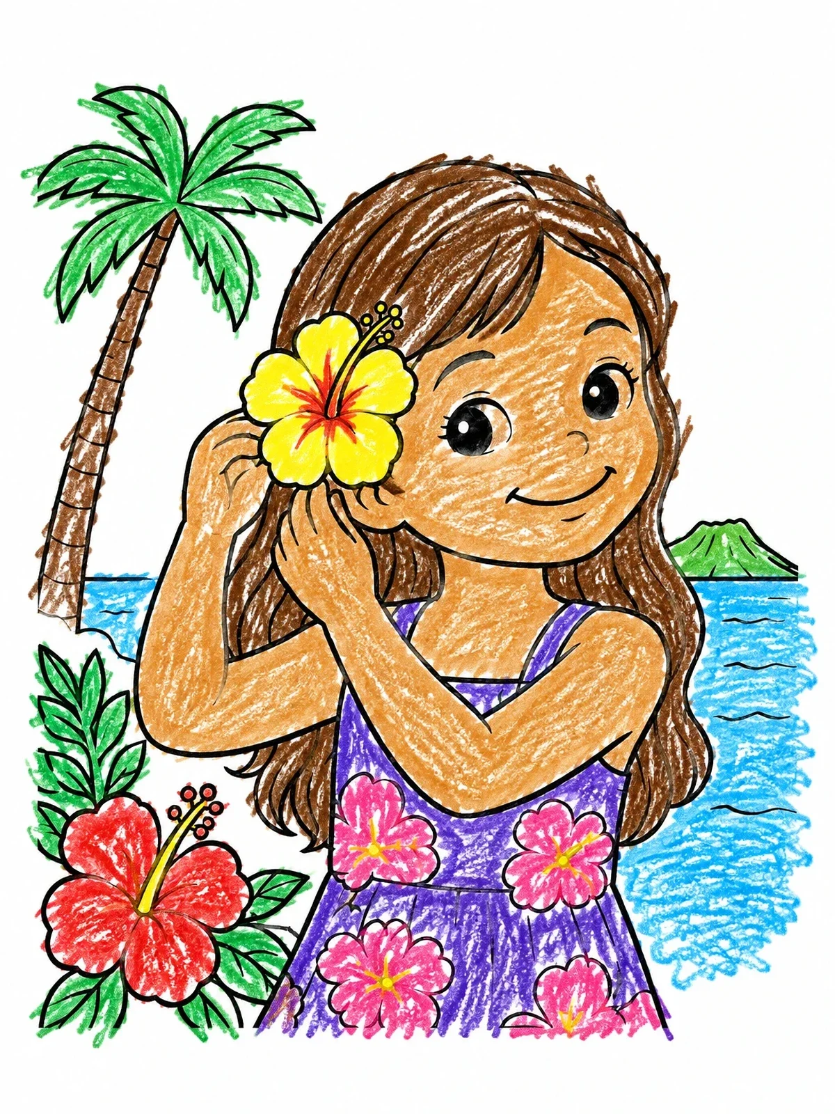 Colored example of the Girl With Hibiscus Flower By Beach coloring page