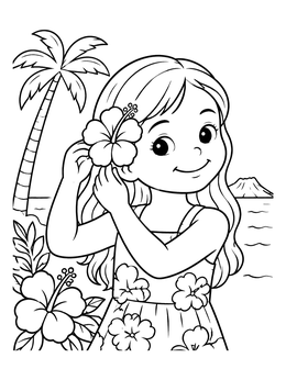 A smiling girl places a bloom in her hair on this hawaiian flowers coloring page.