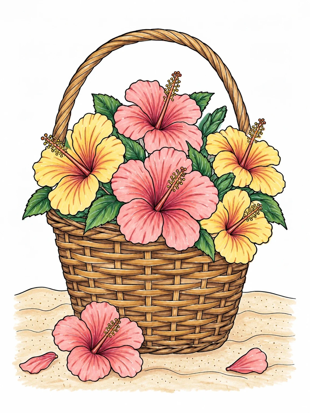 Colored example of the Hibiscus Basket On The Beach coloring page