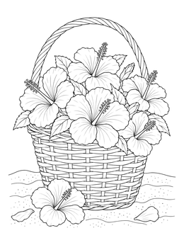 A woven basket filled with blooms in this hawaiian flowers coloring page.