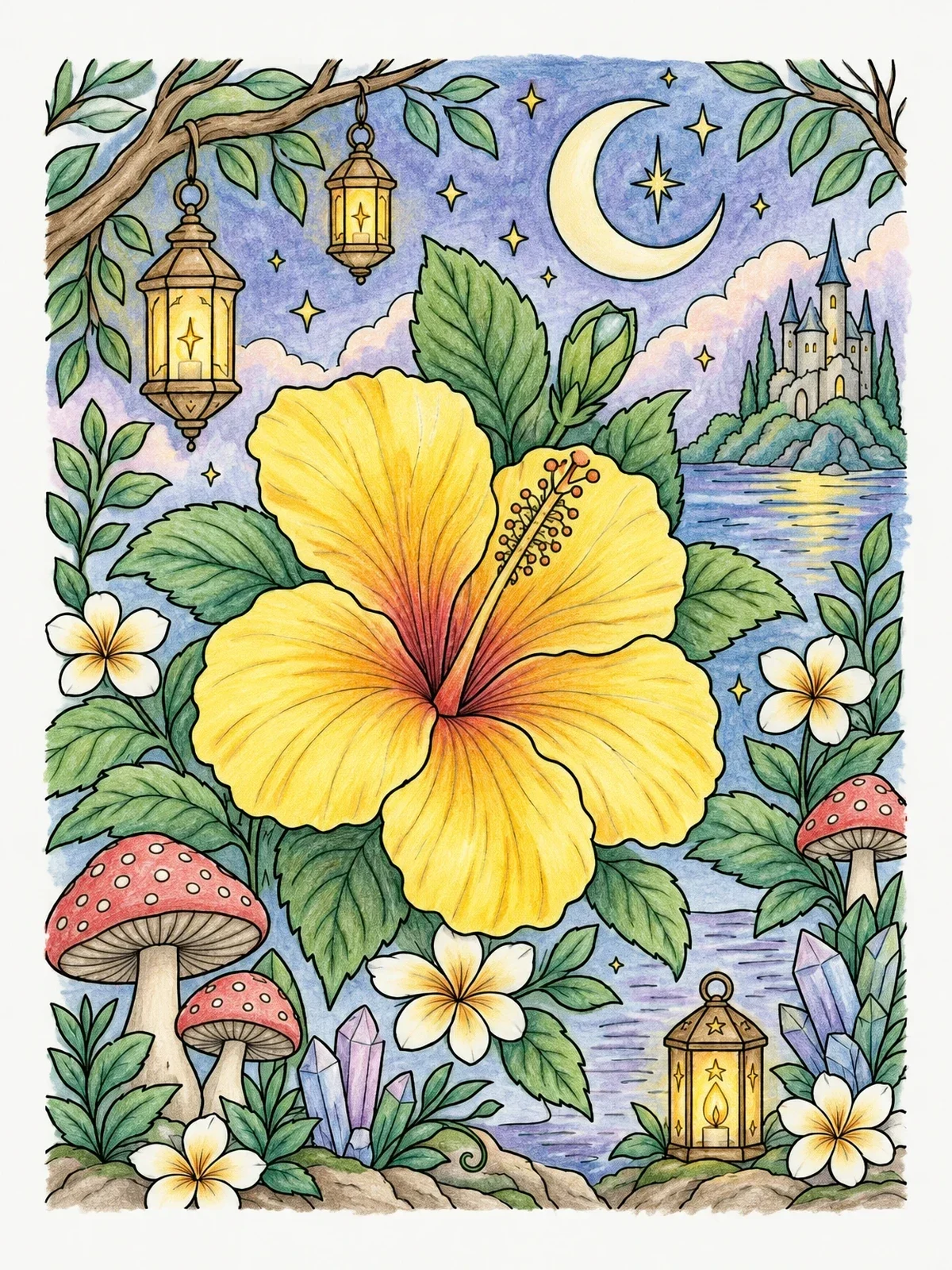Colored example of the Hibiscus Bloom In Fantasy Night coloring page