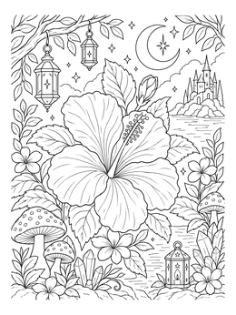 A detailed hawaiian flowers coloring page featuring a large hibiscus bloom under a crescent moon with lanterns.
