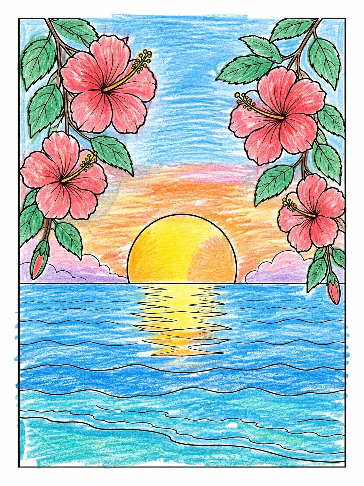 Colored example of the Hibiscus Branches Framing Ocean Sunset coloring page